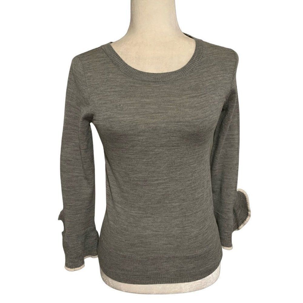 J crew womens gray white bell long sleeve merino wool sweater top xxs
